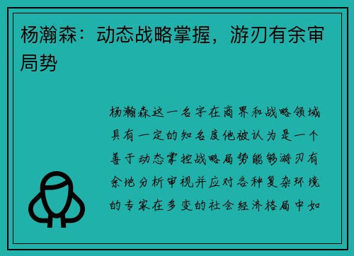 杨瀚森：动态战略掌握，游刃有余审局势