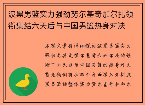 波黑男篮实力强劲努尔基奇加尔扎领衔集结六天后与中国男篮热身对决
