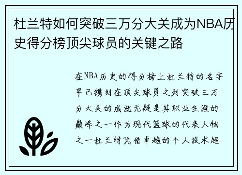 杜兰特如何突破三万分大关成为NBA历史得分榜顶尖球员的关键之路